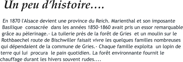 Un peu d’histoire…. En 1870 l'Alsace devient une province du Reich. Marienthal et son imposante Basilique  consacrée  dans les années 1850-1860 avait pris un essor remarquable grâce au pèlerinage.- La tuilerie près de la forêt de Gries  et un moulin sur le  Rothbaechel route de Bischwiller faisait vivre les quelques familles nombreuses qui dépendaient de la commune de Gries.- Chaque famille exploita  un lopin de terre qui lui  procura  le pain quotidien. La forêt environnante fournit le chauffage durant les hivers souvent rudes....